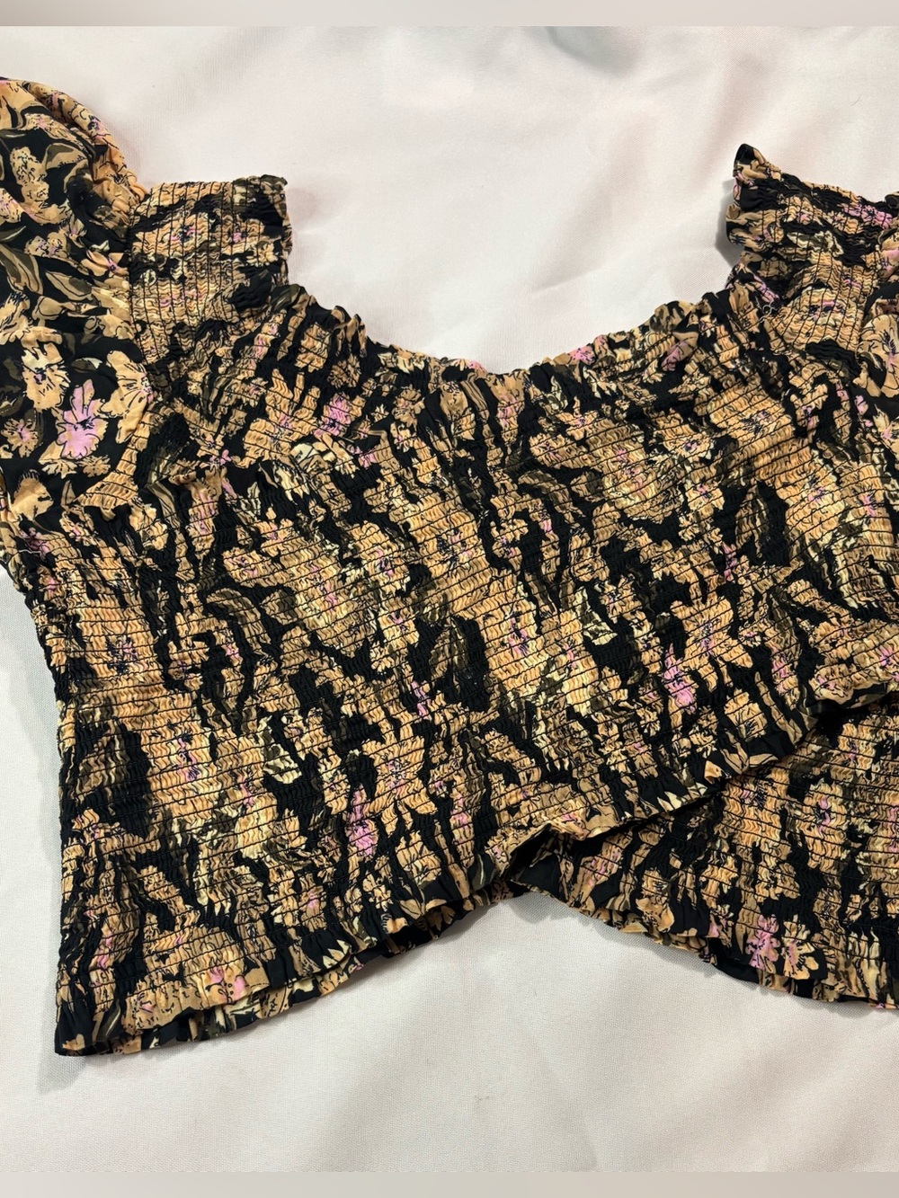 Free People Black Smocked Crop Top with Gold and Pink Floral Details - Picture 2 of 9
